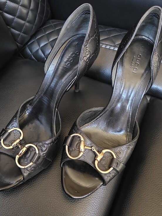 Gucci Shoes - Gucci Black Leather Open-Toe Heels with Gold Horsebit